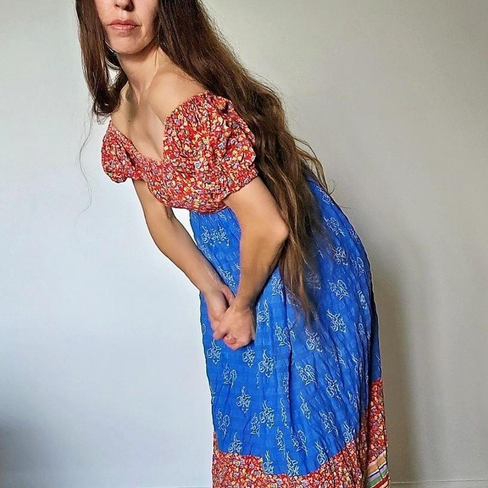 Vintage 70s Smocked Summer Dress Xs S